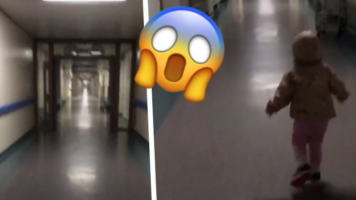 En korridor med ett barn som springer. och en rädd emoji